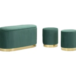 Set Panca Contenitore con 2 Pouf in Velluto Verde Oro Camera Salotto