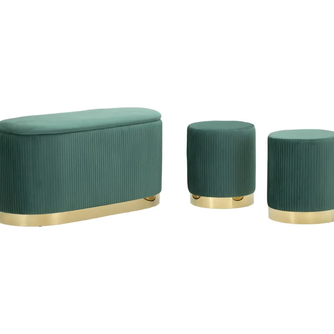 Set Panca Contenitore con 2 Pouf in Velluto Verde Oro Camera Salotto
