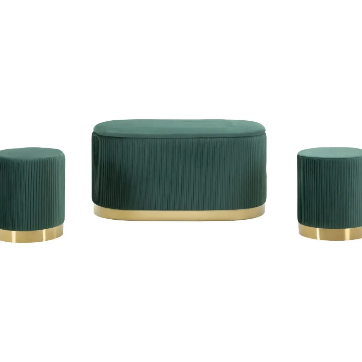 Set Panca Contenitore con 2 Pouf in Velluto Verde Oro Camera Salotto