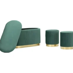 Set Panca Contenitore con 2 Pouf in Velluto Verde Oro Camera Salotto