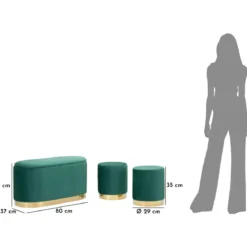 Set Panca Contenitore con 2 Pouf in Velluto Verde Oro Camera Salotto