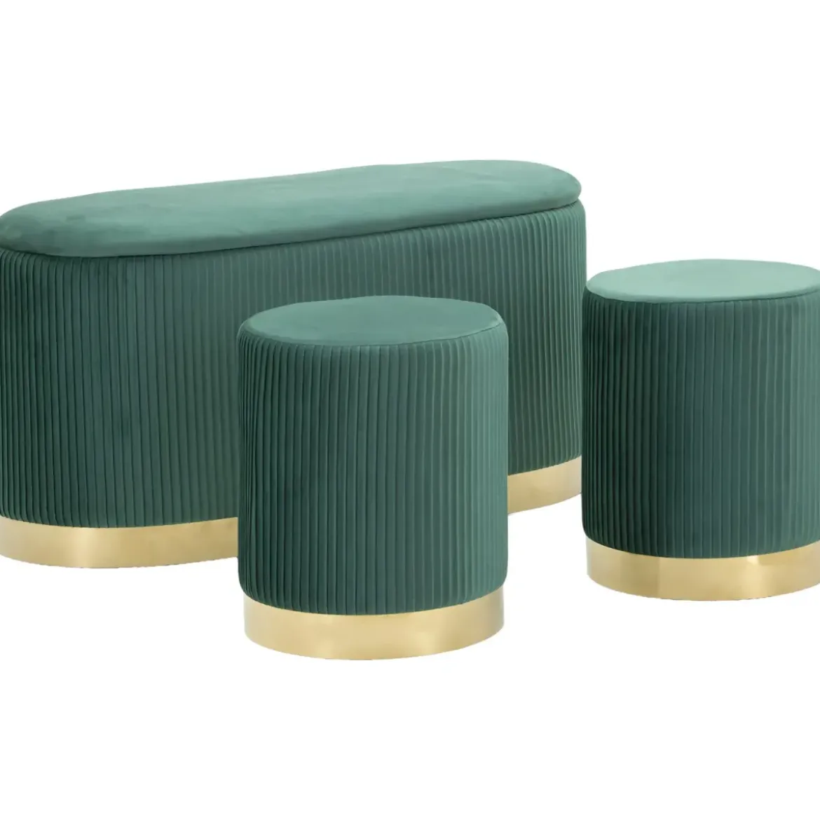 Set Panca Contenitore con 2 Pouf in Velluto Verde Oro Camera Salotto