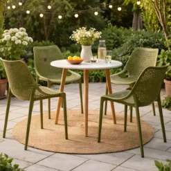 Set 4 Poltrone da Giardino in Polipropilene Verde Oliva Interno Esterno