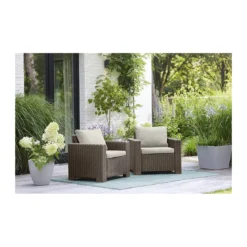 Set 2 Poltrone da Giardino in Resina Rattan Cappuccino con Cuscini