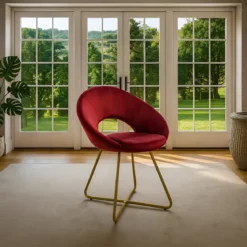 Set 2 Poltrone da Interno in Velluto Rosso con Gambe in Metallo Dorato