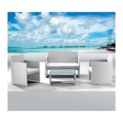 Set Polyrattan Bianco Divano 2 Sedie Tavolo Esterno Giardino Rattan Sintetico