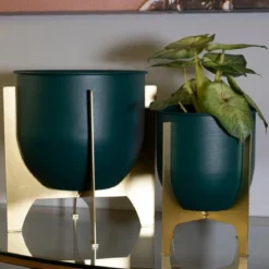 Set 2 Portavasi Bassi in Metallo Verde Oro 25-19 cm Portapiante