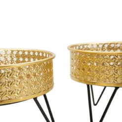 Set 2 Portavasi Bassi Metallo Intrecciato Oro Nero con Vasi Rimovibili
