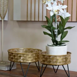 Set 2 Portavasi Bassi Metallo Nero Oro 20 e 18 cm Vasi Rimovibili