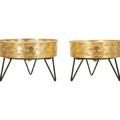 Set 2 Portavasi Bassi Metallo Nero Oro 20 e 18 cm Vasi Rimovibili