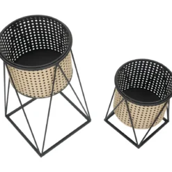 Set 2 Portavasi da Pavimento Metallo Beige Nero Piedistallo Removibile