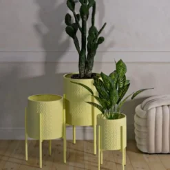 Set 3 Portavasi in Metallo Giallo 36-30-24 cm da Interno Porta Piante