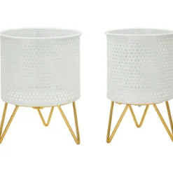 Set 2 Portavasi Metallo Bianco Oro a Pois Vasi Rimovibili da Interno