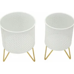 Set 2 Portavasi Metallo Bianco Oro a Pois Vasi Rimovibili da Interno