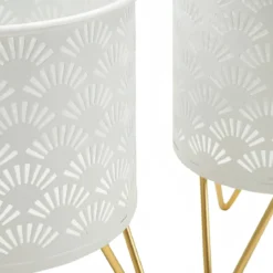 Set 2 Portavasi Metallo Bianco Oro con Vasi Rimovibili Intagli Decorativi