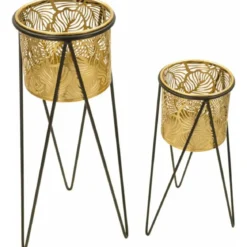 Set 2 Portavasi Metallo Nero Oro a Foglia 46 e 32 cm Vasi Rimovibili