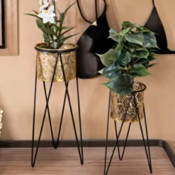 Set 2 Portavasi Metallo Nero Oro a Foglia 46 e 32 cm Vasi Rimovibili