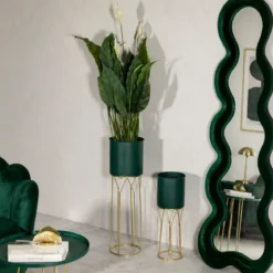 Set 2 Portavasi Metallo Verde Oro 23-19 cm Coppa Interna Portapiante