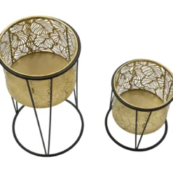 Set 2 Portavaso da Pavimento Metallo Oro Nero Piedistallo Removibile