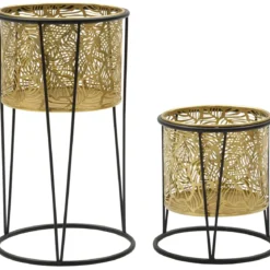 Set 2 Portavaso da Pavimento Metallo Oro Nero Piedistallo Removibile
