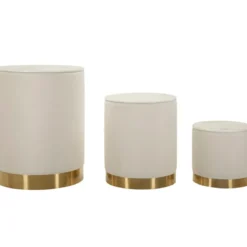 Set 3 Pouf Contenitori Crema Oro Legno Metallo da Interno Espositori