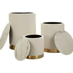 Set 3 Pouf Contenitori Crema Oro Legno Metallo da Interno Espositori