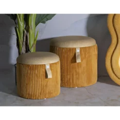 Set 2 Pouf Contenitori Imbottiti Senape Arancione per Salotto Camera