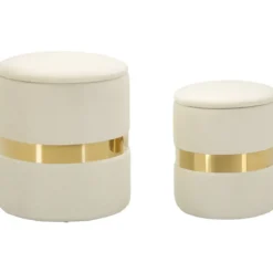 Set 2 Pouf Contenitori in Tessuto Crema Oro Salvaspazio Soggiorno
