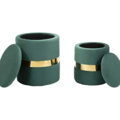 Set 2 Pouf Contenitori in Tessuto Verde Oro Salvaspazio Salotto Camera