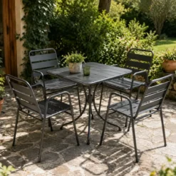 Set Pranzo Tavolo 4 Sedie con Braccioli Antracite Acciaio da Giardino Terrazzo