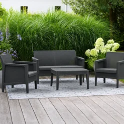 Set Salotto da Giardino Grafite Effetto Juta Divano 2 Poltrone Tavolo