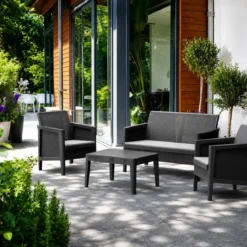 Set Salotto da Giardino Grafite Effetto Juta Divano 2 Poltrone Tavolo
