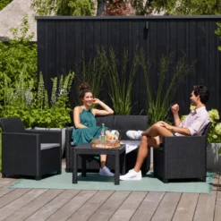 Set Salotto da Giardino Rattan Sintetico Grafite con Cuscini 4 Posti