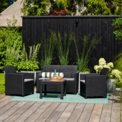 Set Salotto da Giardino Rattan Sintetico Grafite con Cuscini 4 Posti