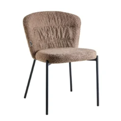 Set 4 Sedie da Pranzo Imbottite in Tessuto Teddy Tortora con Gambe Nere