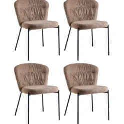 Set 4 Sedie da Pranzo Imbottite in Tessuto Teddy Tortora con Gambe Nere