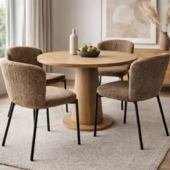 Set 4 Sedie da Pranzo Imbottite in Tessuto Teddy Tortora con Gambe Nere