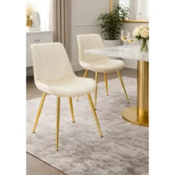 Set 2 Sedie da Pranzo Imbottite Tessuto Crema Finiture Oro Metallo