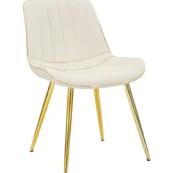 Set 2 Sedie da Pranzo Imbottite Tessuto Crema Finiture Oro Metallo