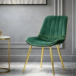 Set 2 Sedie da Pranzo Imbottite Verde Dettagli Oro per Soggiorno Cucina