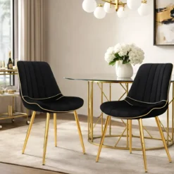 Set 2 Sedie da Pranzo Imbottite Nero Dettagli Oro per Soggiorno Cucina