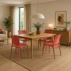 Set 4 Sedie da Pranzo in Resina Impilabili Rosso Tappi Antiscivolo