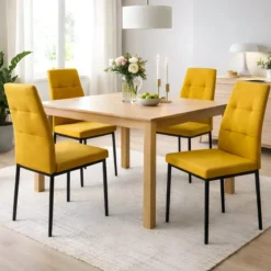 Set 4 Sedie da Pranzo in Tessuto Senape Gambe in Metallo