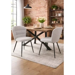 Set 2 Sedie da Pranzo in Tessuto Grigio Metallo Nero Seduta Imbottita