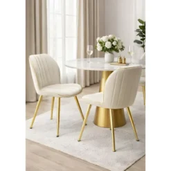 Set 2 Sedie da Pranzo in Velluto Crema Finitura Oro Moderno Soggiorno