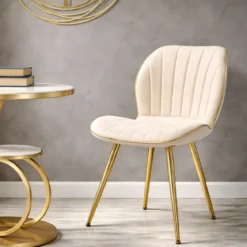 Set 2 Sedie da Pranzo in Velluto Crema Finitura Oro Moderno Soggiorno