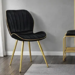 Set 2 Sedie da Pranzo in Velluto Nero Finitura Oro Moderno Soggiorno