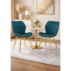 Set 2 Sedie da Pranzo in Velluto Ottanio Finitura Oro Moderno Soggiorno