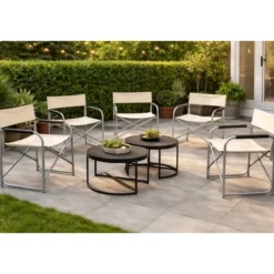 Set 6 Sedie da Regista Pieghevoli Beige Struttura Alluminio da Esterno
