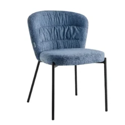 Set 4 Sedie Imbottite in Tessuto Teddy Azzurro Polvere con Gambe Nere
